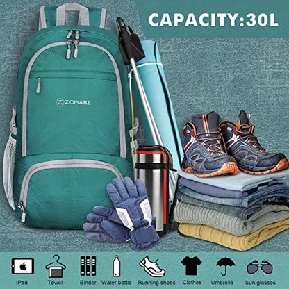 ZOMAKE Lightweight Packable Backpack 30L, Foldable Travel Hiking Daypack - color: Dark Green