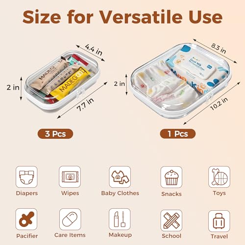 4 Pack Diaper Bag Organizer Pouches, Clear Hard Shell Zipper Cases for Baby Essentials, Toiletry Bag for Travel, Makeup Bag, Toy Storage Bins, Waterproof Storage Box for Pacifier Snacks Wipes Clothes - size: 1M+3S
