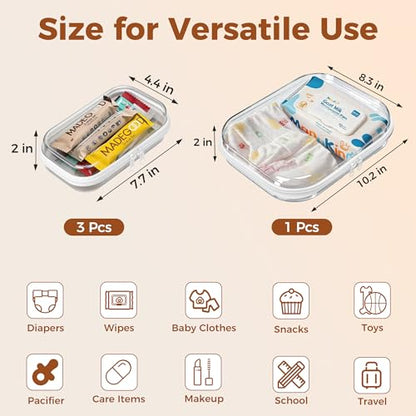 4 Pack Diaper Bag Organizer Pouches, Clear Hard Shell Zipper Cases for Baby Essentials, Toiletry Bag for Travel, Makeup Bag, Toy Storage Bins, Waterproof Storage Box for Pacifier Snacks Wipes Clothes - size: 1M+3S
