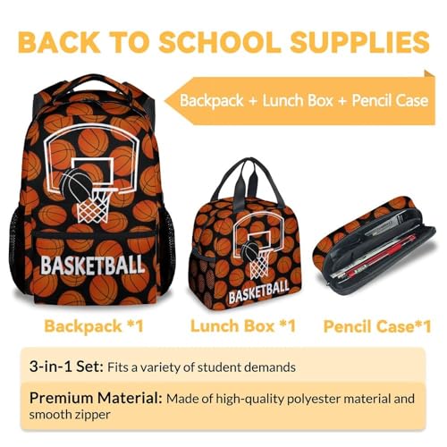 Mercuryelf Basketball Backpack with Lunch Box And Pencil Case, Elementary Kindergarten School Preschool Bookbag for Boys Girls Kids, Set of 3 - color: Basketball-3-2