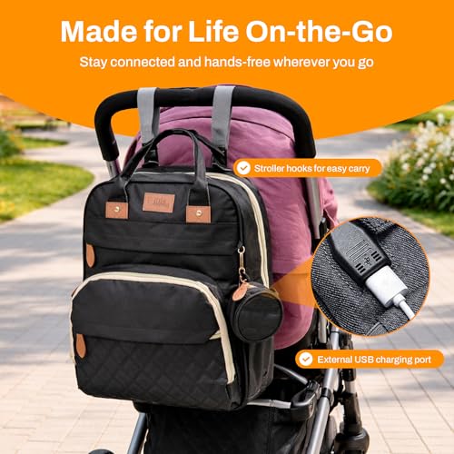 Diaper Bag Backpack with Changing Station – Large Baby Diaper Bag with 19 Pockets, USB Port, Waterproof, Insulated Bottle Holders, Stroller Straps – Travel Maternity Bag – Black - color: Black
