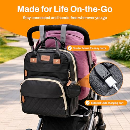 Diaper Bag Backpack with Changing Station – Large Baby Diaper Bag with 19 Pockets, USB Port, Waterproof, Insulated Bottle Holders, Stroller Straps – Travel Maternity Bag – Black - color: Black