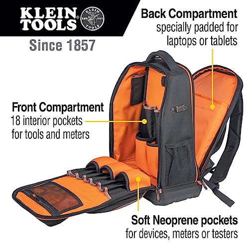 Klein Tools 62805BPTECH 28-Pocket Laptop Backpack Tool Bag, Tradesman Pro Extra-Large Tech Tool Backpack with Molded Bottom, Charging Port