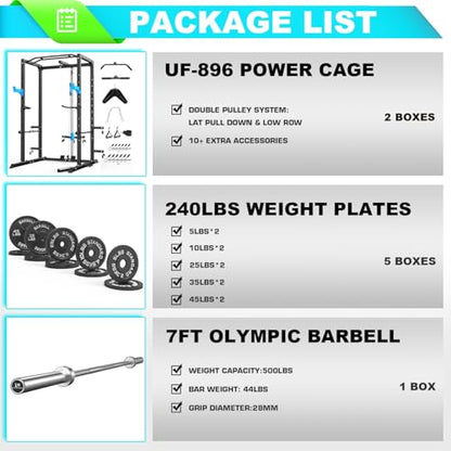ULTRA FUEGO Power Cage, Multi-Functional Power Rack with J-Hooks, Dip Handles, Landmine Attachment and Optional Cable Pulley System for Home Gym - size: 240LB Weights Package