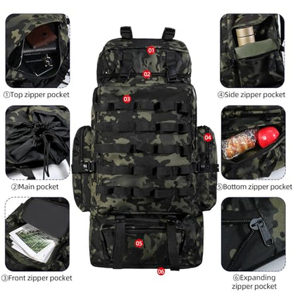 70L/100L Camping Hiking Backpack with Rain Cover, Expandable Large Military Tactical Backpack, Waterproof Molle Racksack Travel Backpacking Daypack for Climbing Trekking (Black CP) - color: Black Cp