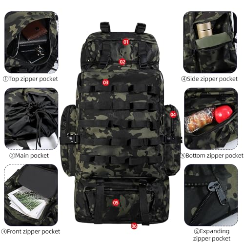 70L/100L Camping Hiking Backpack with Rain Cover, Expandable Large Military Tactical Backpack, Waterproof Molle Racksack Travel Backpacking Daypack for Climbing Trekking (Black CP) - color: Black Cp