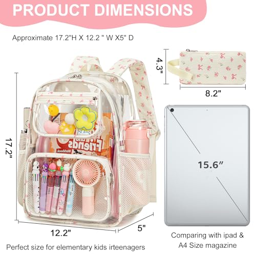 Bluboon Clear Backpack Heavy Duty Kids Boys Clear Bookbag See Through Backpacks with Pencil Case for College Work - color: Pink Bow 212-beige