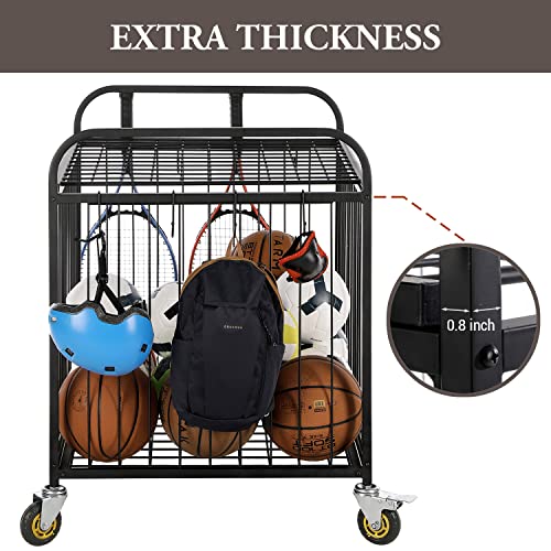 MyGift Large Capacity Metal Rolling Multi Sports Ball Cage Storage Hopper, Gym Equipment Basket Cart with Lockable Latch, Heavy Duty Caster Wheels, and 8 Accessory Hooks - color: Black
