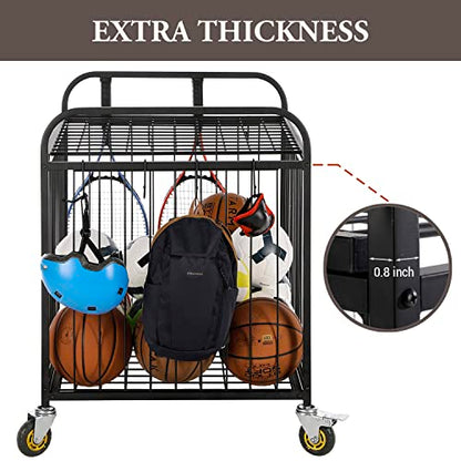 MyGift Large Capacity Metal Rolling Multi Sports Ball Cage Storage Hopper, Gym Equipment Basket Cart with Lockable Latch, Heavy Duty Caster Wheels, and 8 Accessory Hooks - color: Black