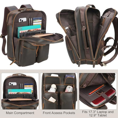TIDING 17.3" Full Grain Leather Laptop Backpack for Men Multi Pockets Casual Daypack Business Travel Rucksack - color: Dark Brown