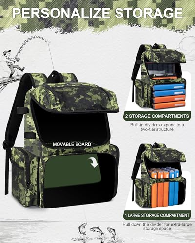 Fishing Backpack, Large Water Resistant Tackle Bag Storage Fishing Gear and Equipment, Built-in Cooler Compartment Green - color: Green Camo