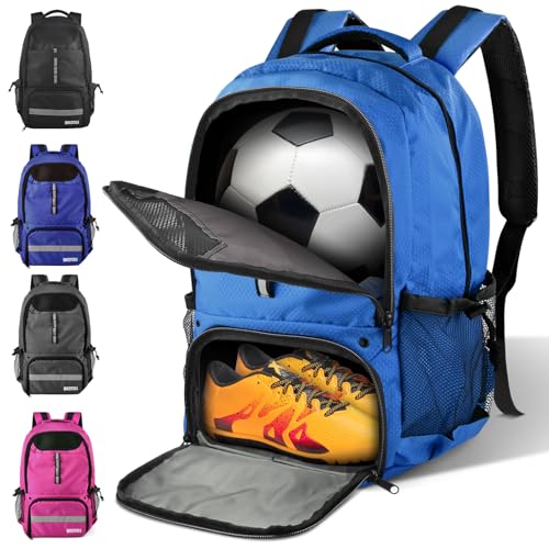 BROTOU Soccer Backpack Sports Bag with Ball Holder and Shoe Compartment for Football Basketball Volleyball Rugby - color: Light Blue