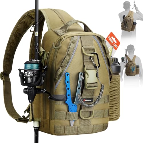 Piscifun Fishing Backpack with Rod Holder, Lightweight Sling Bag Storge Gear and Equipment - color: Khaki, size: Standard, style: Latch