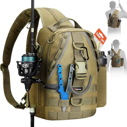 Piscifun Fishing Backpack with Rod Holder, Lightweight Sling Bag Storge Gear and Equipment - color: Khaki, size: Standard, style: Latch