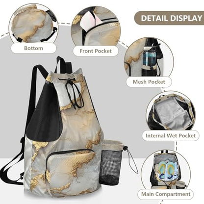 Drawstring Backpacks Camp Bag With Water Bottle Holder Athletic Cinch Sack Waterproof Marble White Neutral - color: Color 19