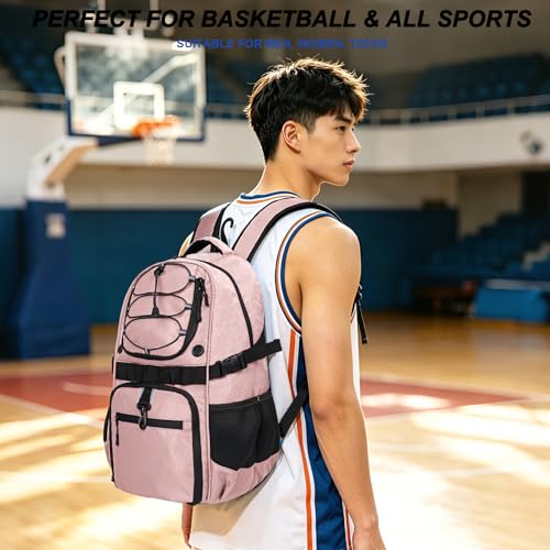 Basketball Backpack with Separate Ball & Ventilated Shoe Compartment, Sports Bag with Hook for Men Women Teens Training Travel - color: Flesh Pink