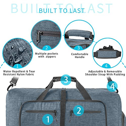 Vomgomfom 65L/85L/115L Foldable Travel Duffle Bag, Lightweight Checked Luggage with Shoe Compartment, Water-Resistant Weekender Overnight Bag for Men & Women - color: C Blue, size: 85L