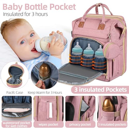 ZRSUN Diaper Bag Backpack with Portable Station & USB Port, Large Capacity Travel Baby Bag with Changing Pad, Waterproof Multi-Function Maternity Backpack for Mom & Dad (Pink) - color: Pink