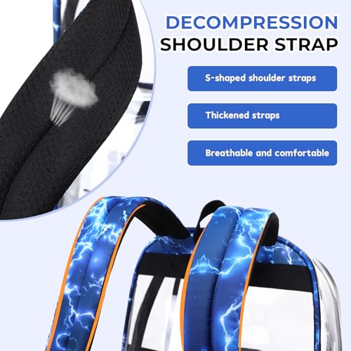 Sisipoet Clear Backpack for Boys with Lightning Print, Heavy Duty Transparent Bookbag for School, Stadium, and Concert, Blue - color: Blue/Lightning