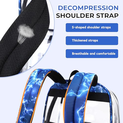 Sisipoet Clear Backpack for Boys with Lightning Print, Heavy Duty Transparent Bookbag for School, Stadium, and Concert, Blue - color: Blue/Lightning