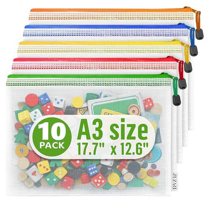 10 Pack Mesh Zipper Pouch Bags A3-12x18 - Plastic Zipper Pouches for Organizing - Board Game Organizers - Large Zippered Pouch Bag - Mesh Pouches with Zippered - Board Game Bags - Puzzle Storage - size: 10 Pack A3