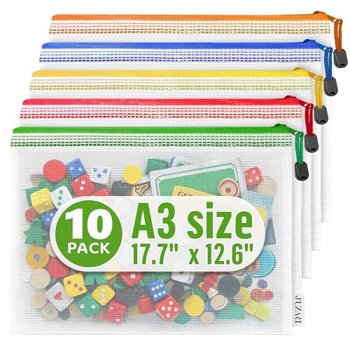10 Pack Mesh Zipper Pouch Bags A3-12x18 - Plastic Zipper Pouches for Organizing - Board Game Organizers - Large Zippered Pouch Bag - Mesh Pouches with Zippered - Board Game Bags - Puzzle Storage - size: 10 Pack A3