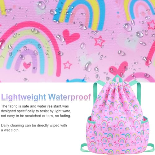 RHCPFOVR Drawstring Backpack for Kids - Rainbow Bags for Girls Mini Gym Dance Beach Swim Travel Bag With Two Water Bottle Holder - color: Rainbow