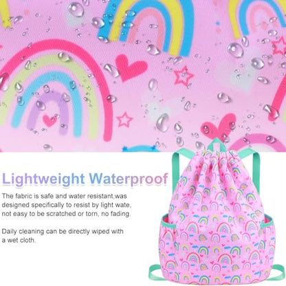 RHCPFOVR Drawstring Backpack for Kids - Rainbow Bags for Girls Mini Gym Dance Beach Swim Travel Bag With Two Water Bottle Holder - color: Rainbow