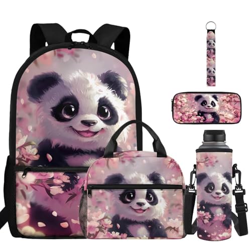 ZDCUSTOM Panda Backpack Set with Lunch Bags for Kids, School Backpack for Girls 1st 2nd 3rd Grade, Elementary Bookbag with Pencil Pouch, Cup Sleeve, Keychain, Pink School Bag for Girls - color: Panda