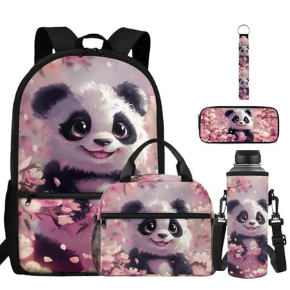 ZDCUSTOM Panda Backpack Set with Lunch Bags for Kids, School Backpack for Girls 1st 2nd 3rd Grade, Elementary Bookbag with Pencil Pouch, Cup Sleeve, Keychain, Pink School Bag for Girls - color: Panda