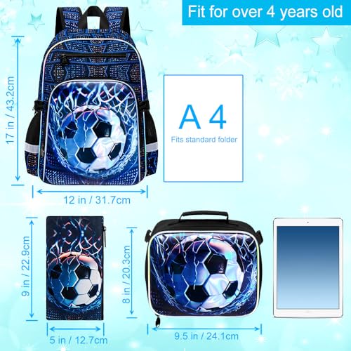 HPJGD 3PCS Backpack for Kids, 17" Boys Soccer Preschool Bookbag Set with Clip-On Lunch Box, Water-Resistant School Bag for Elementary - Thrash Net Soccer - color: Uv Printing Net Soccer Clip-on Backpack