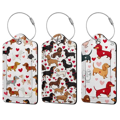 Cute Carton Dachshund 3 Pack Luggage Tags for Suitcases, PU Leather Baggage Suitcases Tag Name ID Label Privacy Cover Travel Bag Tags for Women Men Boys Girls - color: Cute Carton Dachshund