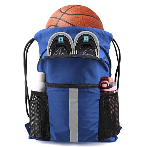 BeeGreen Drawstring Backpack Bag with Shoe Compartment, X-Large Black Gym Sports String Cinch Backpack - color: Royal Blue