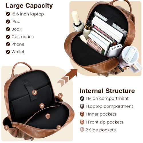 Vegan Leather Laptop Backpack for Women Designer 15.6 Inch PU Laptop Bag, Ladies Travel Computer Work Backpack - color: Brown