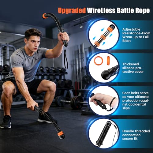 Cordless Battle Ropes with Adjustable Resistance Springs - Weighted Ropeless Battle Rope for Home Gym Exercise, Portable Workout Equipment for Strength Training & Cardio Fitness Orange& Black