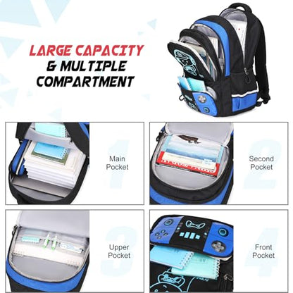 Bevalsa Backpack for Boys with 43OZ Bento Lunch Box,Insulated Lunch Bag & Pencial Case,Cool Luminous Gamer Schoolbag for Kids Teens Elementary Middle School,Bookbag Glow In The Dark - color: Blue, style: Backpack With 43oz Bento Box