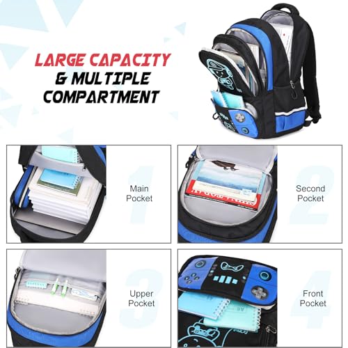 Bevalsa Backpack for School Boys, Cool Luminous Gamer Boys Schoolbag with Lunch Box & Pencil Case Set for Kids Teens Elementary Middle School, Bookbag Glow In The Dark(Blue Backpack) - color: Blue, style: Backpack