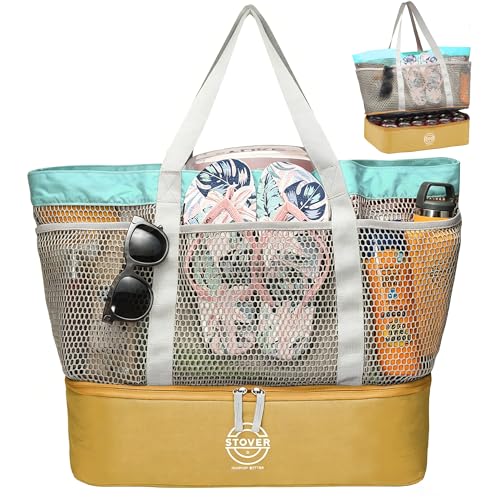 STOVER Extra Large Mesh Beach Bag, Vacation, Pool, Shopping & Travel Tote - Foldable w/Storage Pouch & Pockets for Women, Men - color: Cooler - Shoreline Sand