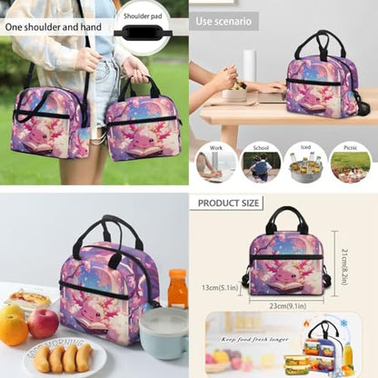 Flashideas Cherry Blossom Axolotl Backpack for Girls Kids Backpack with Lunch Box 32 oz Water Bottle and Water Bottle Carrier 4Pcs Set 17" Lightweight Elementary Bookbag with Compartments for School - color: Cherry Blossom Axolotl-2