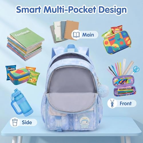 Lovely Kawaii Kids School Backpack For Girls – Splash-Proof Book Bag for Kids & Students, Multi-Pocket Children's School Bag, 17 Inch Blue Backpack - color: Blue