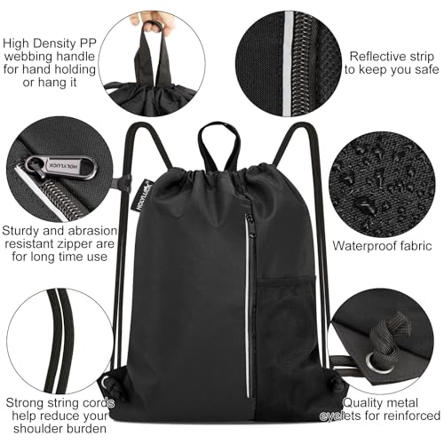 HOLYLUCK Drawstring Backpack Gym Bag For Men Women, String Beach Swim Sports Backpack - color: Black-1, style: Standard Drawstring