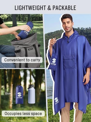 SaphiRose Extra Thick Hooded Rain Poncho Double Layer Waterproof Raincoat Jacket for Men Women Adults - color: Blue