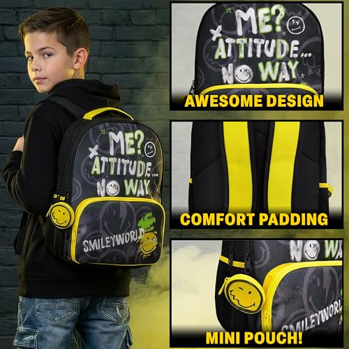 Get Trend Smiley World Kids Backpack for Boys, 18 inch Book Bag with Adjustable Padded Straps, Travel School Bag, Kids Gifts (Yellow/Multi Smiley) - color: Yellow/Multi Smiley