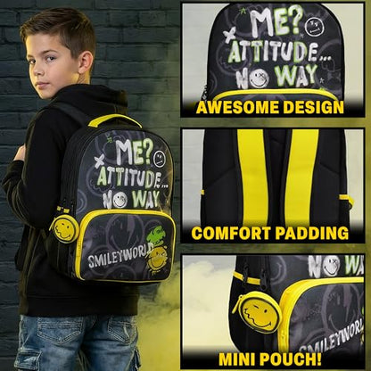 Get Trend Smiley World Kids Backpack for Boys, 18 inch Book Bag with Adjustable Padded Straps, Travel School Bag, Kids Gifts (Yellow/Multi Smiley) - color: Yellow/Multi Smiley