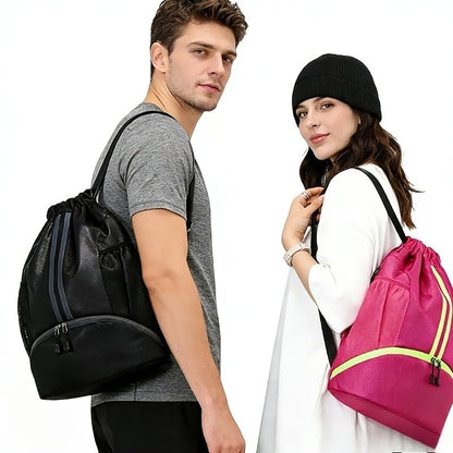 Drawstring Backpack with Separate Shoes Compartment, Water Resistant Cinch Sack Bag for Soccer Basketball Swimming Beach Sports for Men Women - color: Rose Red
