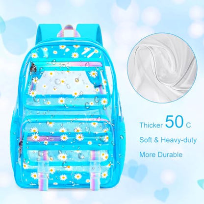 KLFVB Clear School Backpack Heavy Duty, 3PCS Girls See Through Bag Set, Cute Transparent Bookbag for Women - Chrysanthemum Sky Blue - color: Chrysanthemum Sky Blue Clear Backpack