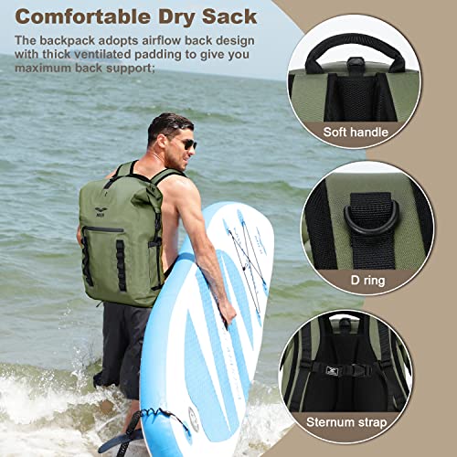 MIER Dry Bag Waterproof Backpack 30L Dry Sack Heavy Duty Roll-Top Closure for Kayaking, Beach, Boating, Swimming, Surfing - color: Dark Green