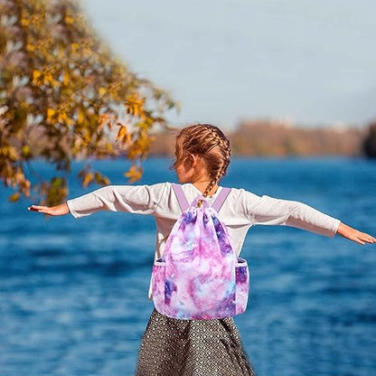 RHCPFOVR Drawstring Backpack for Kids - Mermaid Bags for Girls Gym Dance Beach Swim Travel Bag With Two Water Bottle Holde - color: Galaxy