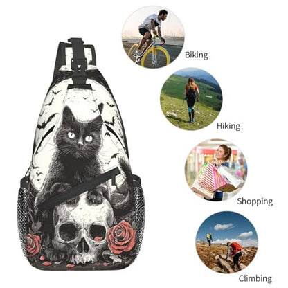 Sling Backpack Unisex Crossbody Chest Bag Shoulder Chest Bag For Women Men Hiking Travel - color: Cat Skull