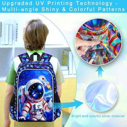 HPJGD 3PCS Astronaut Bookbag for Boys, Water Resistant Kids Backpack Set with Lunch Box, Cool School Bag for Elementary Preschool Toddler - Thumbs-Up Astronaut - color: Cool Uv Printed Thumbs-up Astronaut Blue
